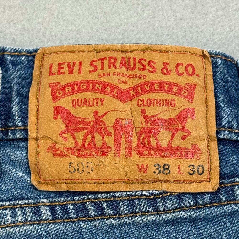 Levis 505 Regular Straight 38x30 Cotton Stretch Medium Wash Denim Blue Jeans Zip - Picture 12 of 16